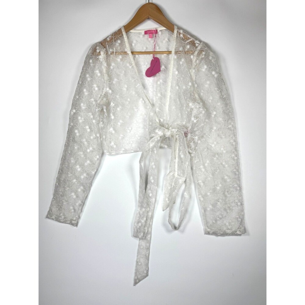 Sugar Thrillzβ Wrap Top Womens XXL White Sheer Floral Cropped V Neck Mesh Y2K